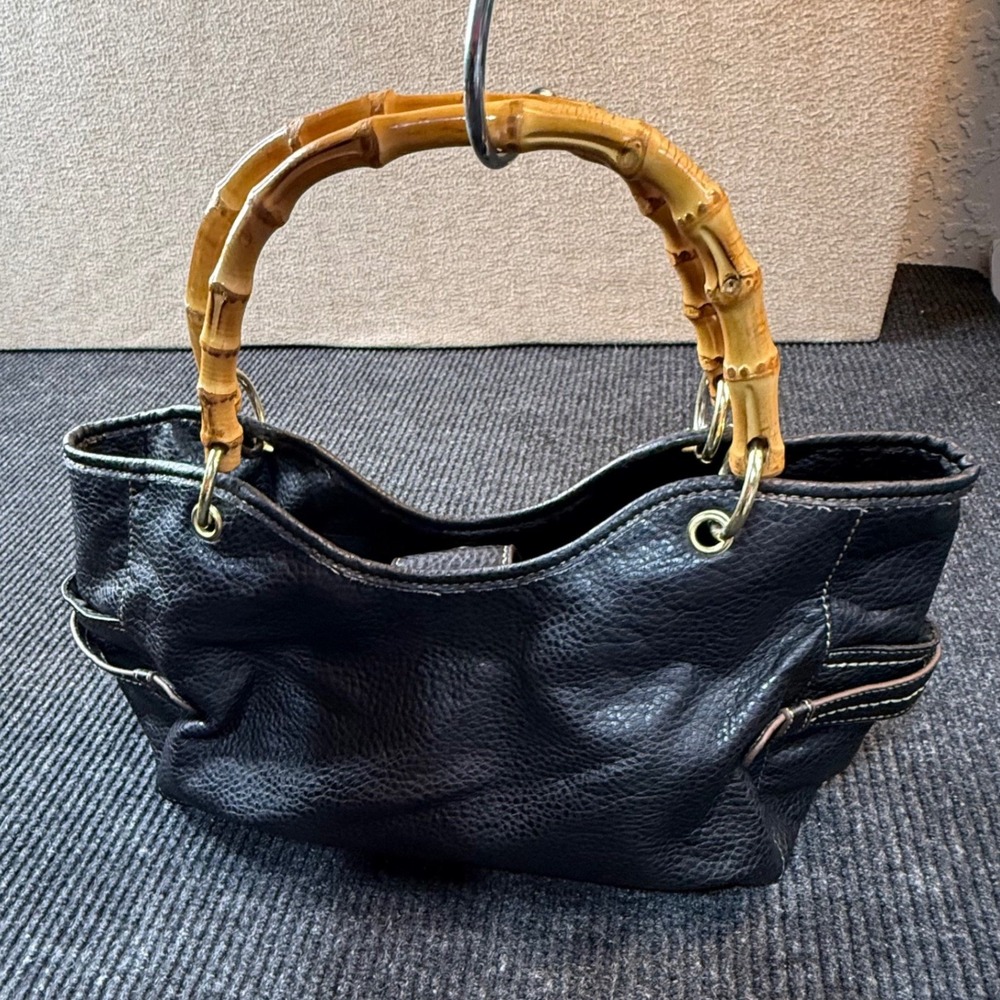 Relic by Fossil Black Leather Bamboo Handle Shoulder Bag Purse Satchel Vintage